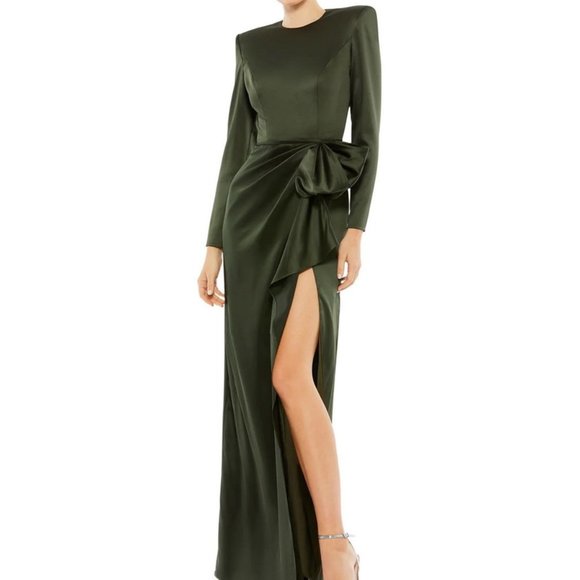 Mac Duggal Olive Green Long Sleeve Structured Bow Draped Gown